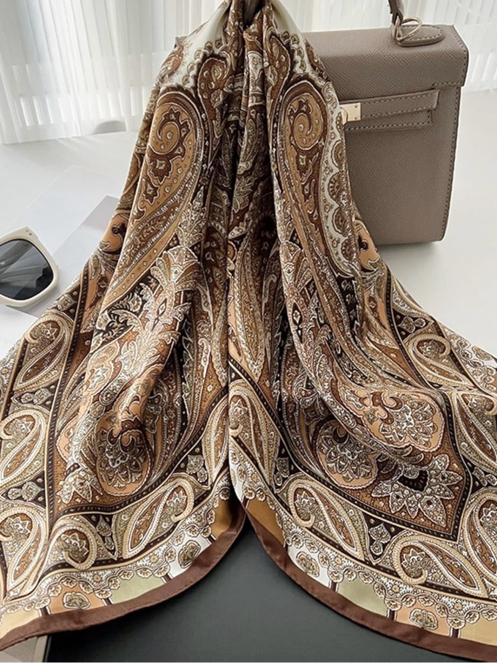 Elegant Paisley Satin Scarf in Brown and Cream